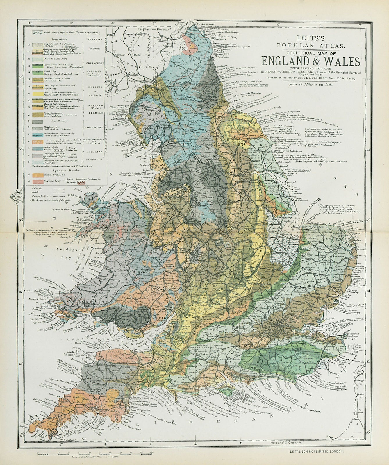 ENGLAND & WALES colour geological Map. LETTS 1883 old antique plan chart